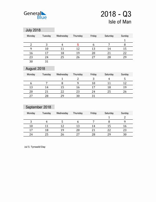 Isle of Man Quarter 3 2018 Calendar with Holidays