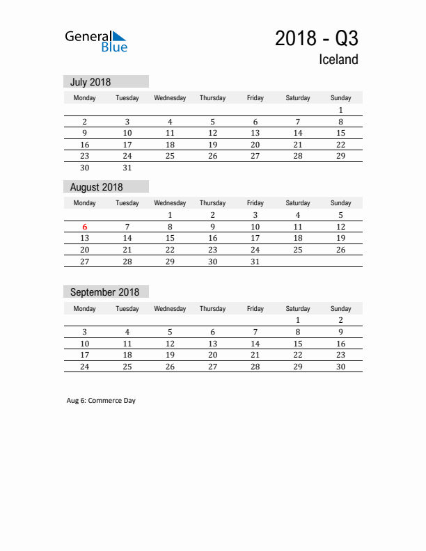 Iceland Quarter 3 2018 Calendar with Holidays