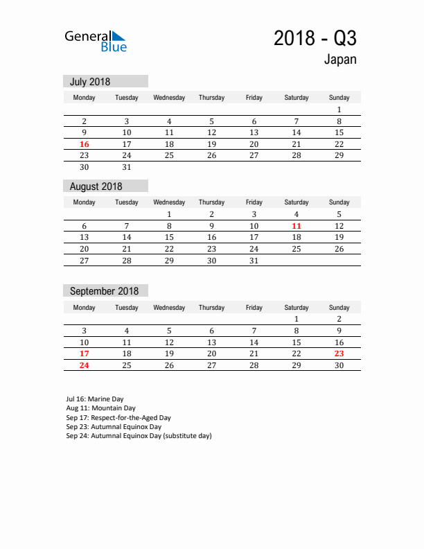 Japan Quarter 3 2018 Calendar with Holidays