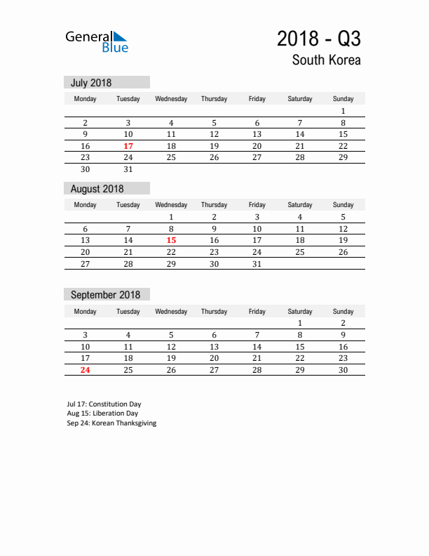 South Korea Quarter 3 2018 Calendar with Holidays