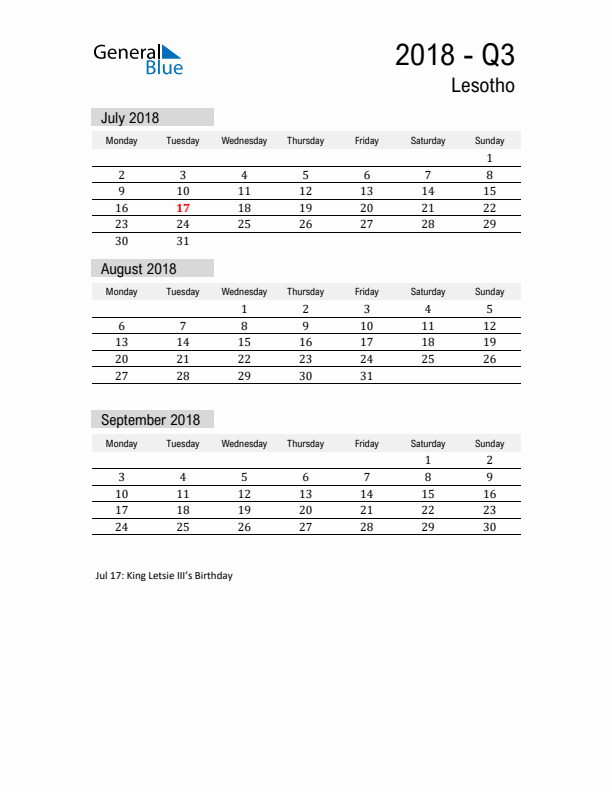 Lesotho Quarter 3 2018 Calendar with Holidays