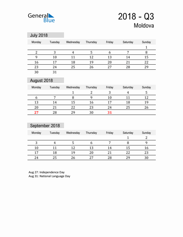 Moldova Quarter 3 2018 Calendar with Holidays