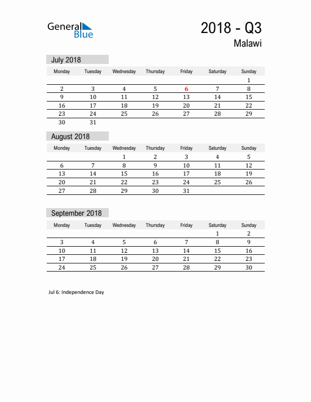 Malawi Quarter 3 2018 Calendar with Holidays