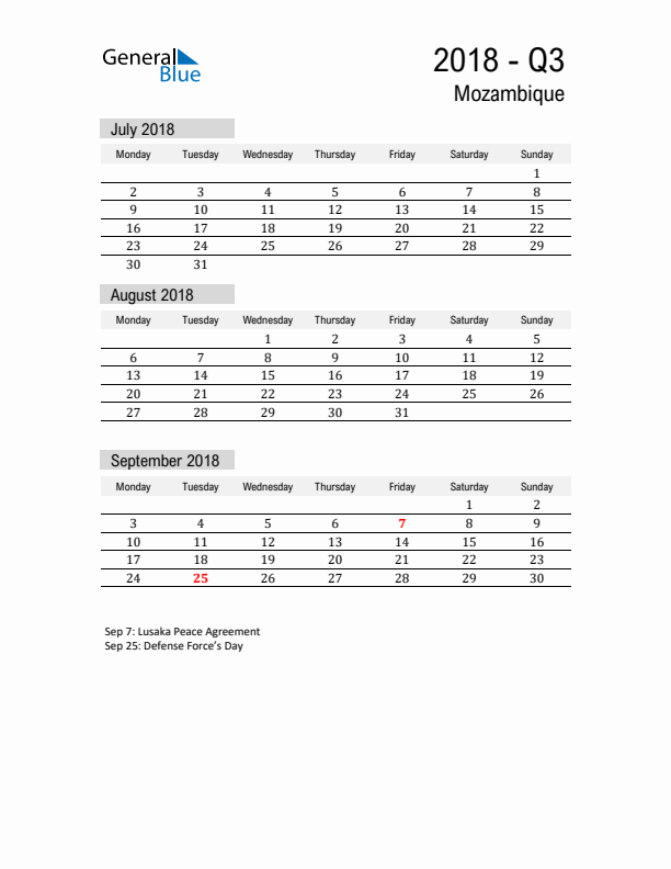 Mozambique Quarter 3 2018 Calendar with Holidays