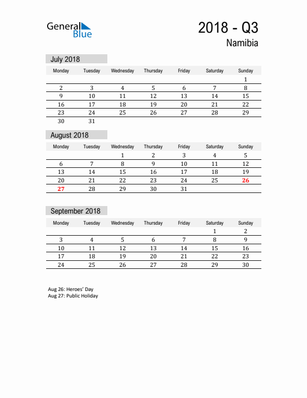 Namibia Quarter 3 2018 Calendar with Holidays