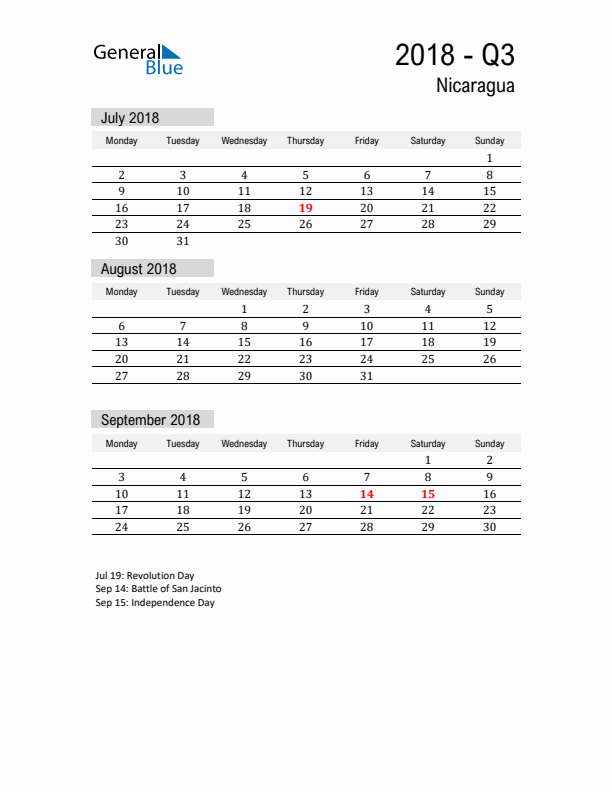 Nicaragua Quarter 3 2018 Calendar with Holidays