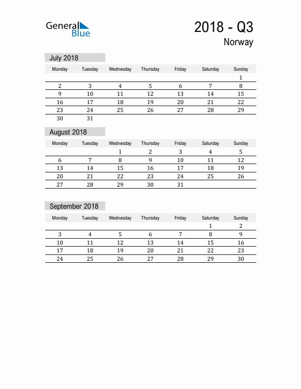 Norway Quarter 3 2018 Calendar with Holidays