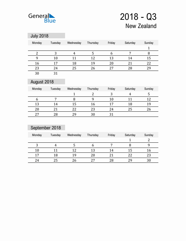 New Zealand Quarter 3 2018 Calendar with Holidays