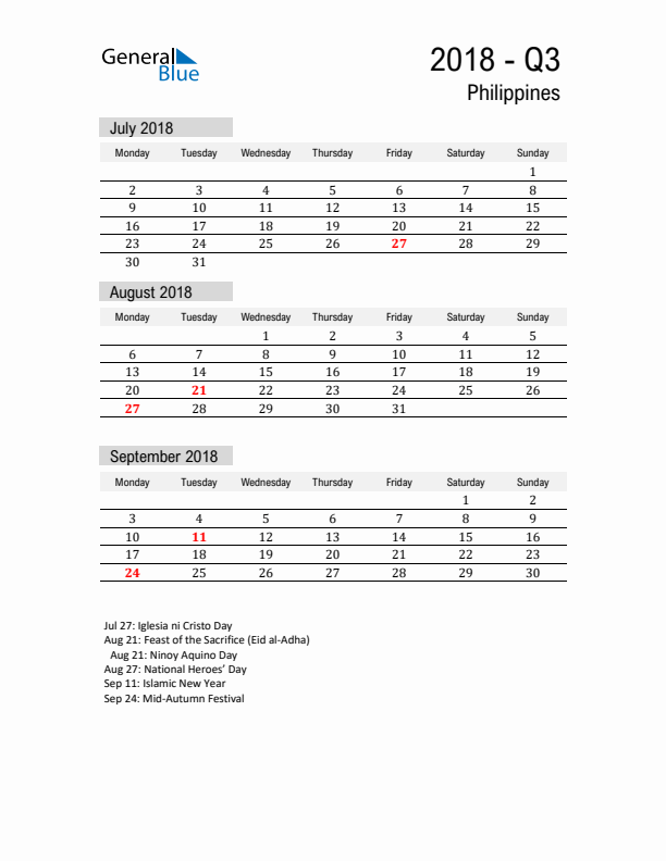 Philippines Quarter 3 2018 Calendar with Holidays