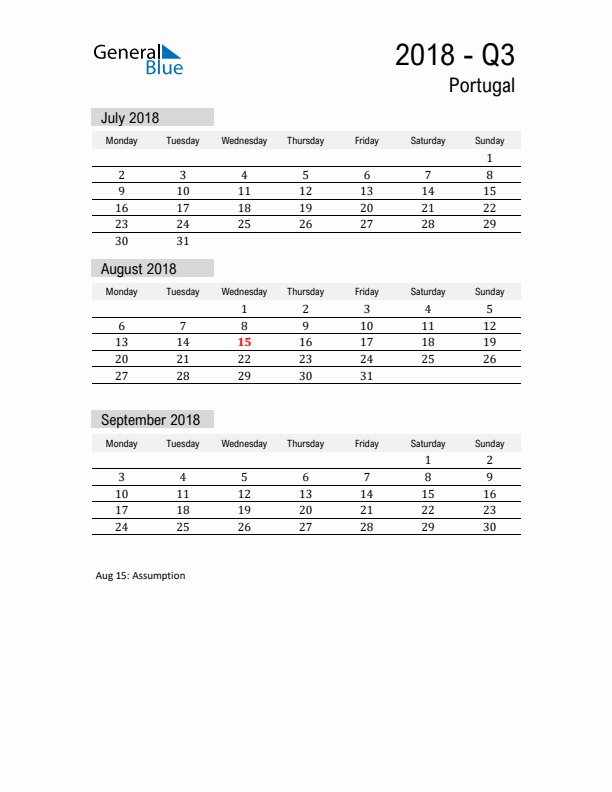 Portugal Quarter 3 2018 Calendar with Holidays