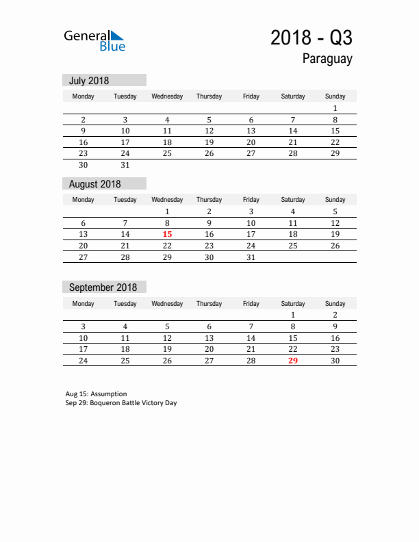 Paraguay Quarter 3 2018 Calendar with Holidays