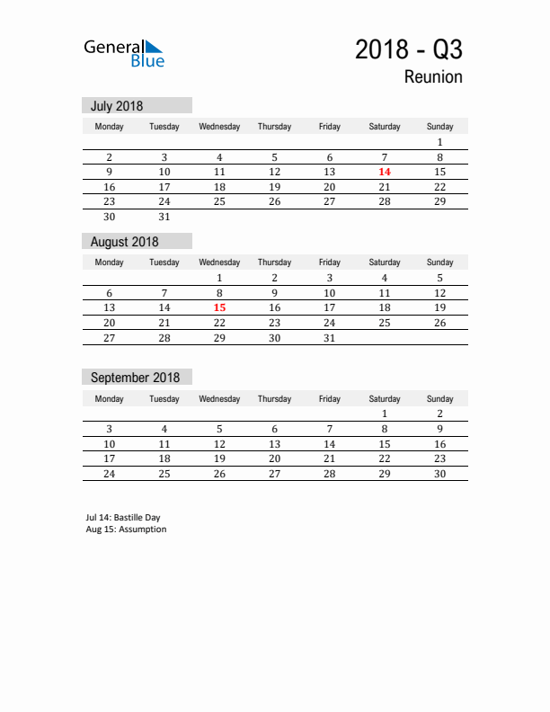 Reunion Quarter 3 2018 Calendar with Holidays