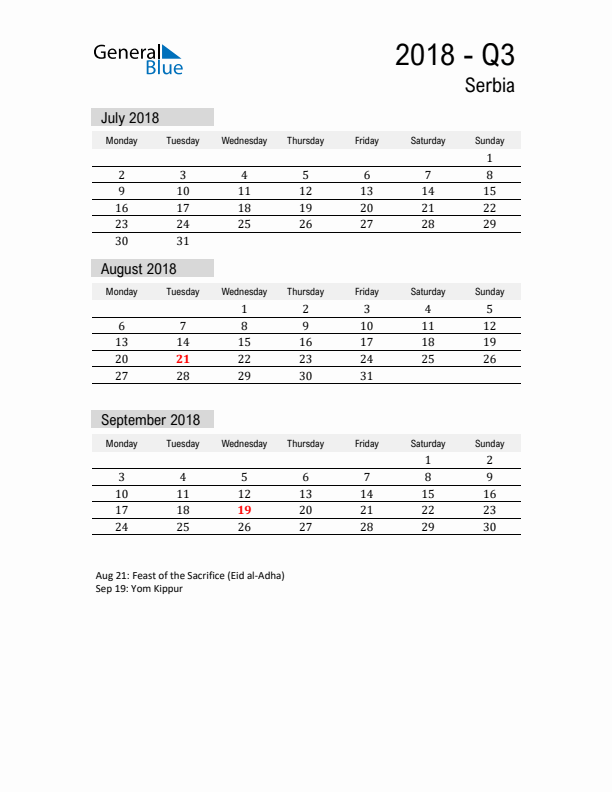 Serbia Quarter 3 2018 Calendar with Holidays