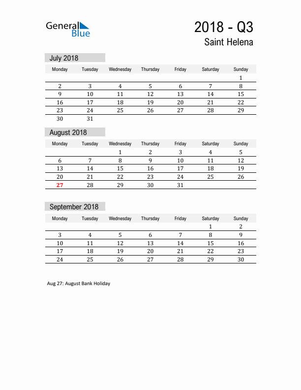 Saint Helena Quarter 3 2018 Calendar with Holidays