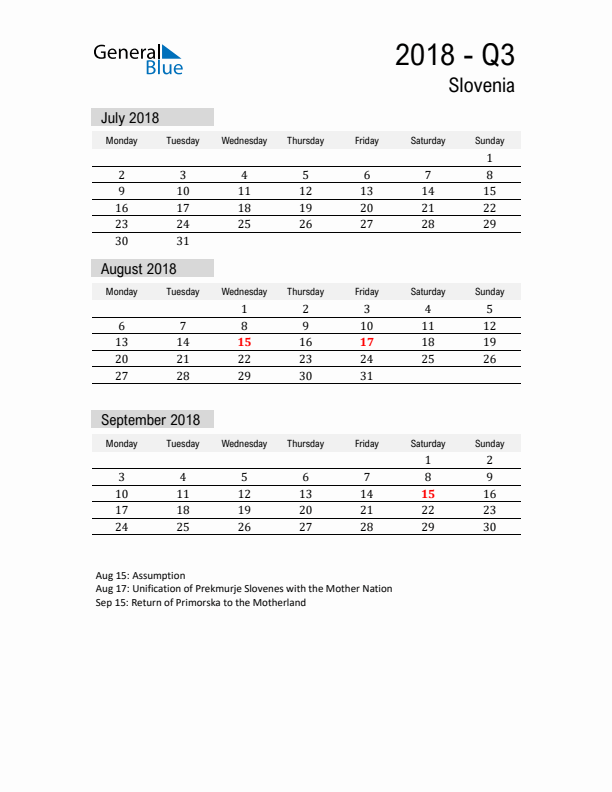 Slovenia Quarter 3 2018 Calendar with Holidays