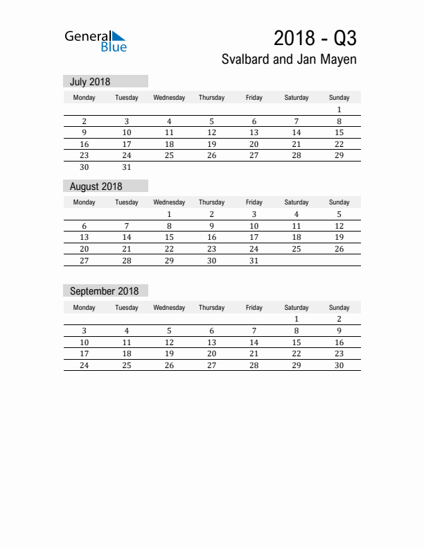 Svalbard and Jan Mayen Quarter 3 2018 Calendar with Holidays