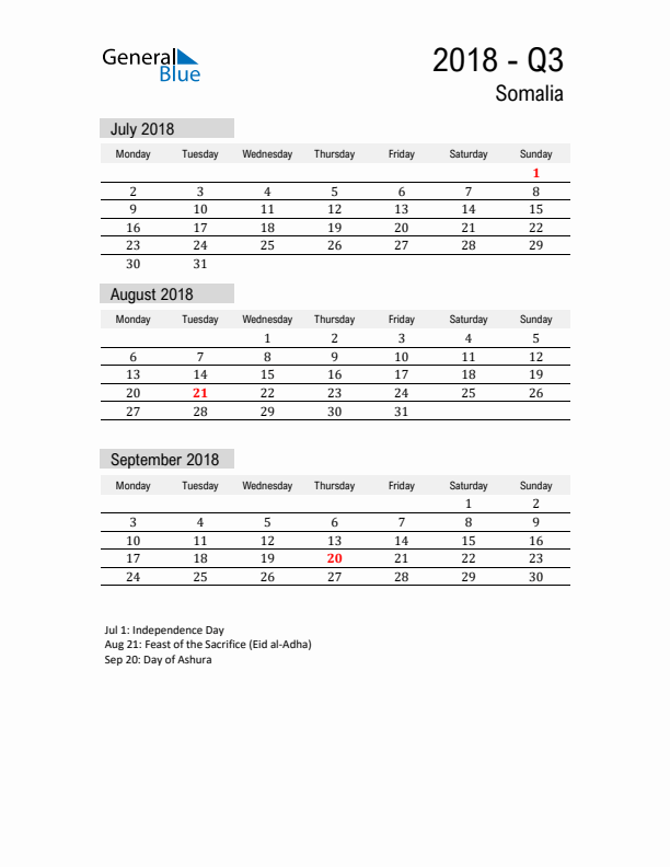 Somalia Quarter 3 2018 Calendar with Holidays