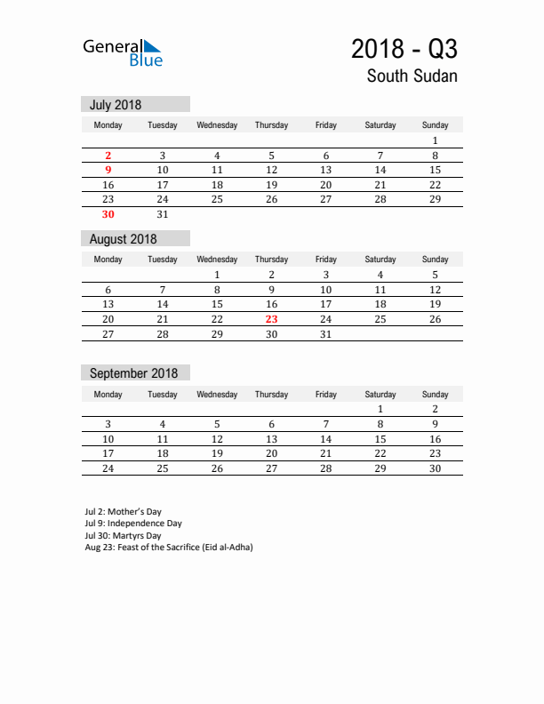 South Sudan Quarter 3 2018 Calendar with Holidays