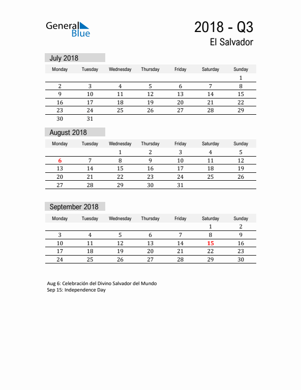 El Salvador Quarter 3 2018 Calendar with Holidays