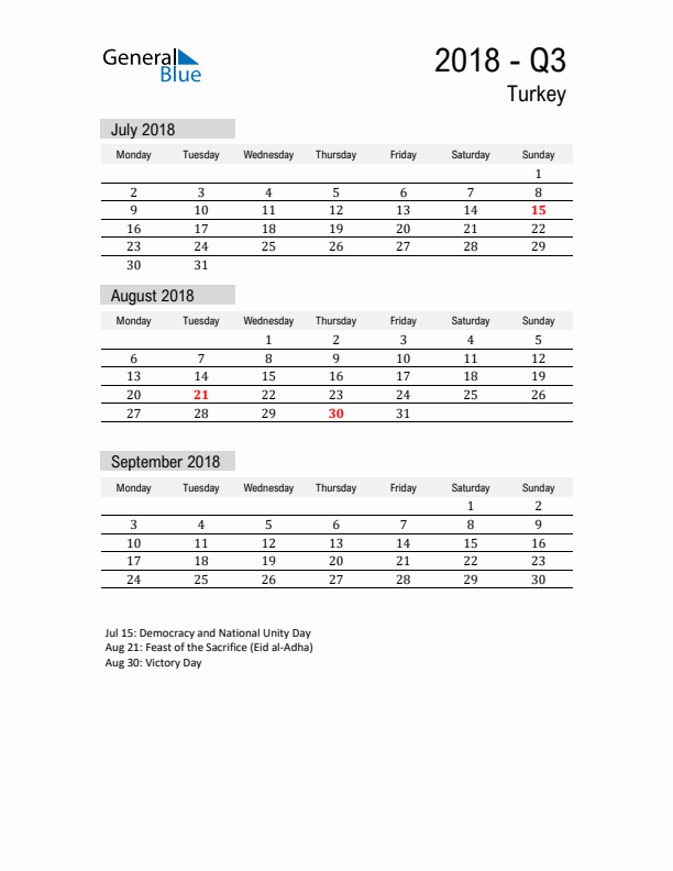 Turkey Quarter 3 2018 Calendar with Holidays