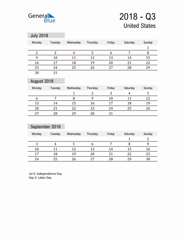 United States Quarter 3 2018 Calendar with Holidays