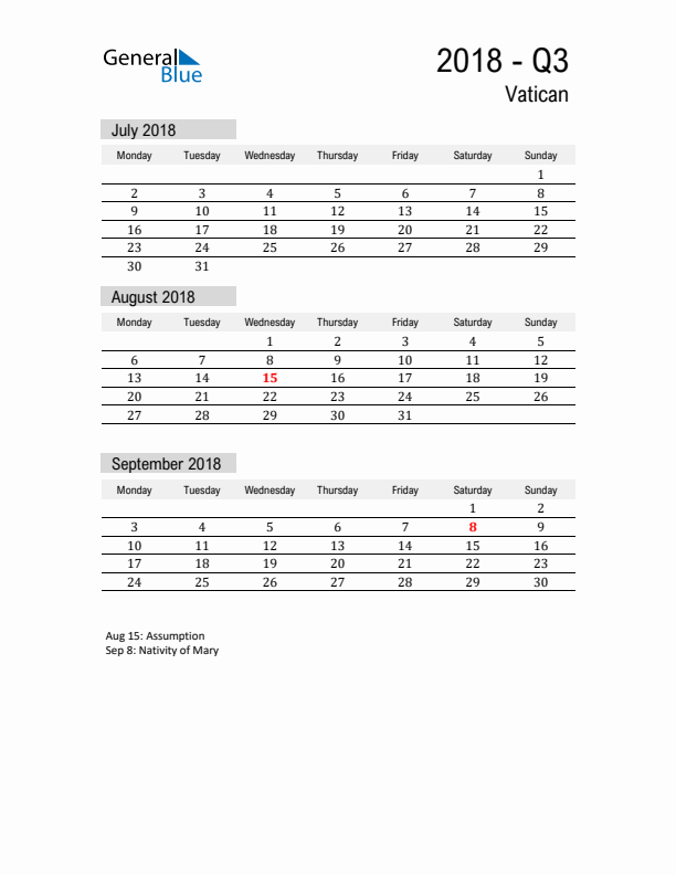 Vatican Quarter 3 2018 Calendar with Holidays