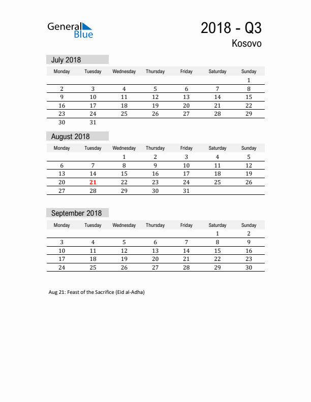 Kosovo Quarter 3 2018 Calendar with Holidays