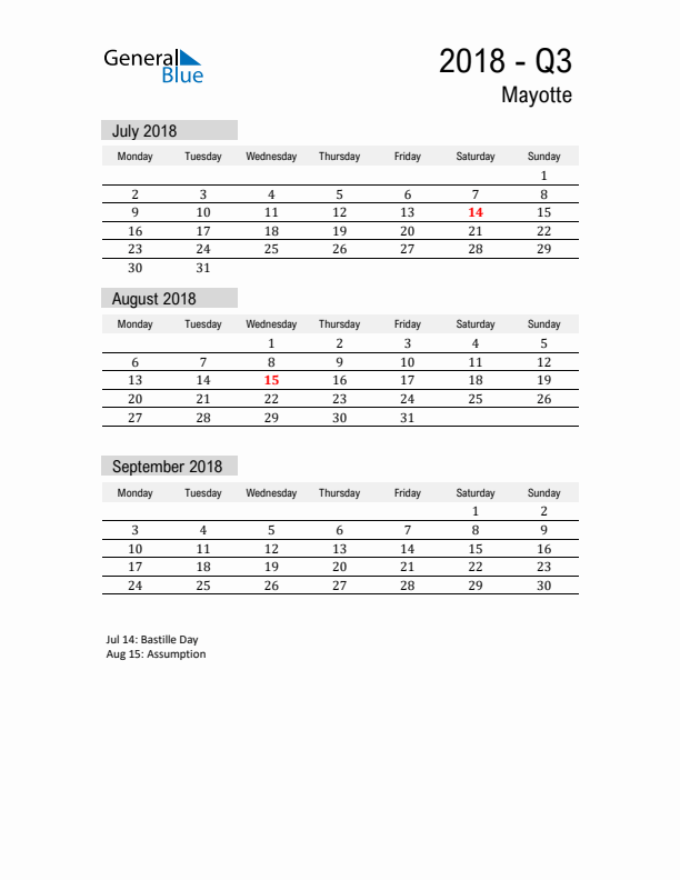 Mayotte Quarter 3 2018 Calendar with Holidays