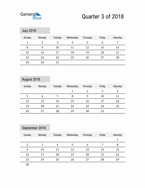 July, August, and September Calendar 2018