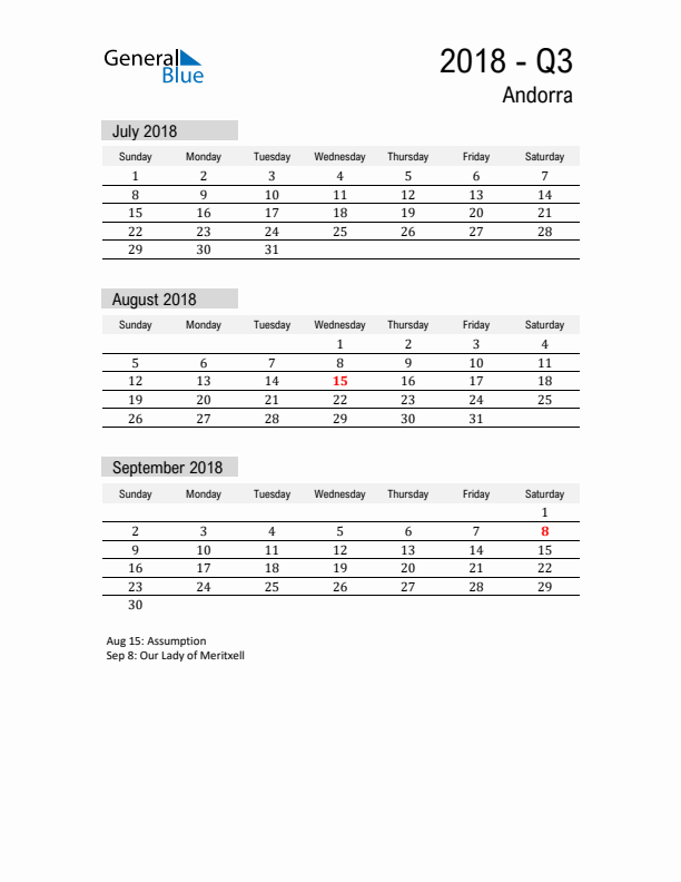 Andorra Quarter 3 2018 Calendar with Holidays