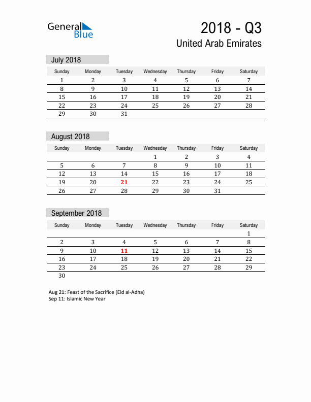 United Arab Emirates Quarter 3 2018 Calendar with Holidays