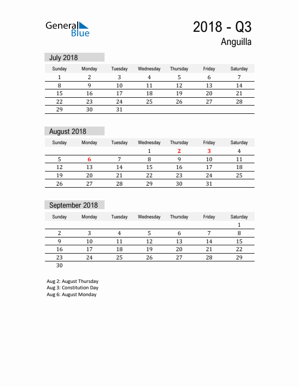 Anguilla Quarter 3 2018 Calendar with Holidays