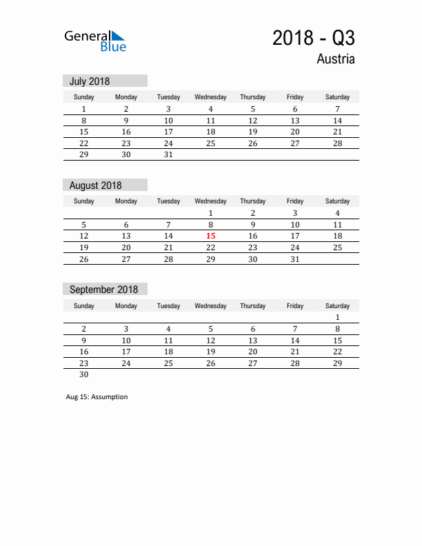 Austria Quarter 3 2018 Calendar with Holidays