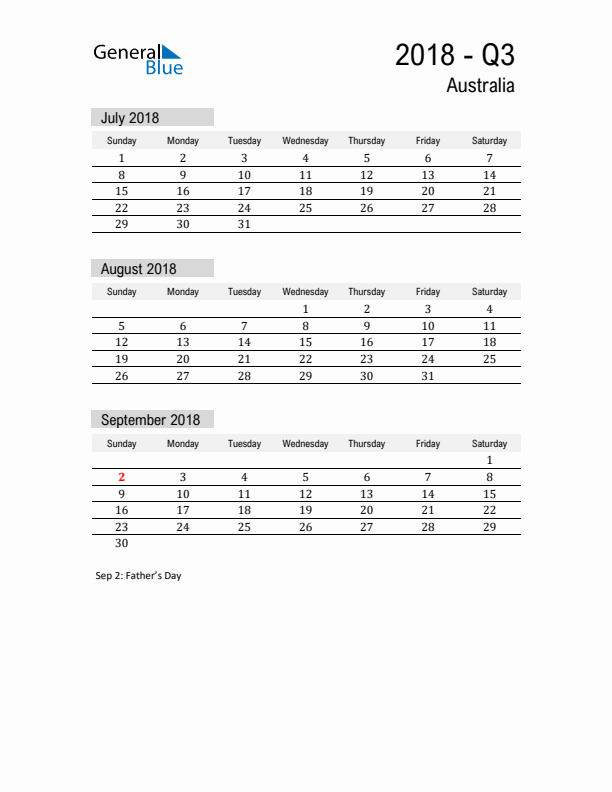 Australia Quarter 3 2018 Calendar with Holidays