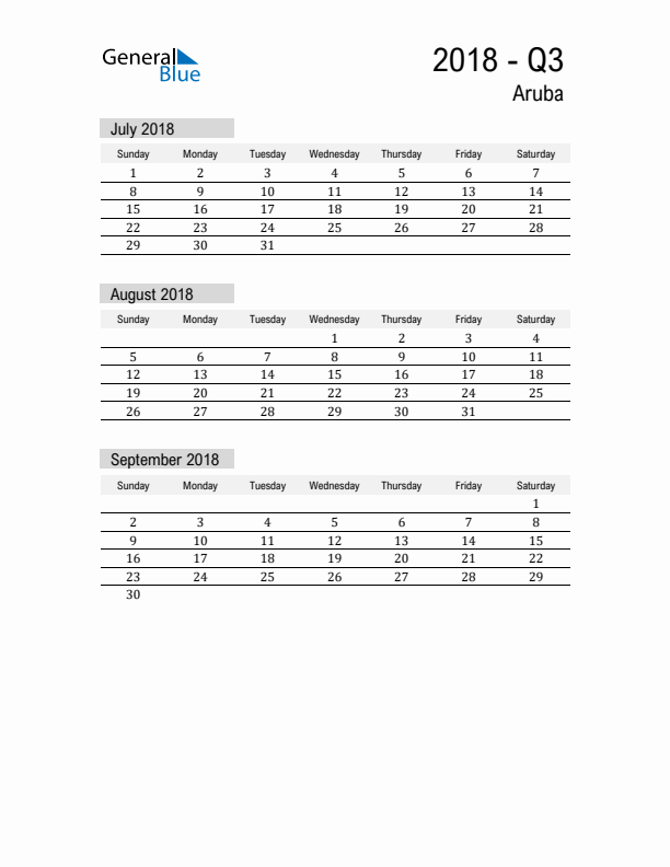 Aruba Quarter 3 2018 Calendar with Holidays