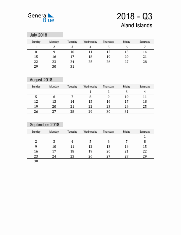 Aland Islands Quarter 3 2018 Calendar with Holidays