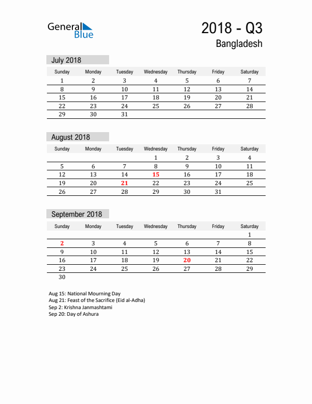 Bangladesh Quarter 3 2018 Calendar with Holidays