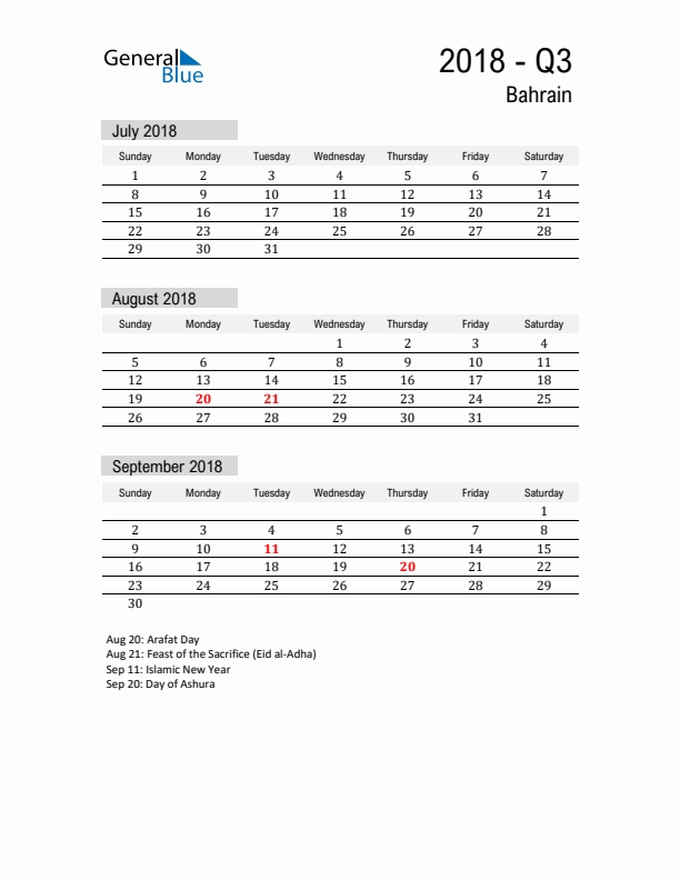 Bahrain Quarter 3 2018 Calendar with Holidays