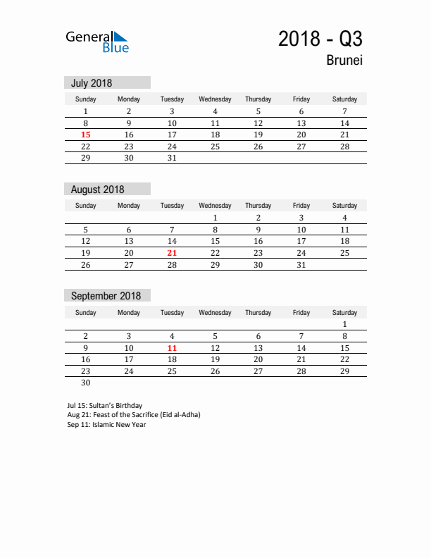 Brunei Quarter 3 2018 Calendar with Holidays