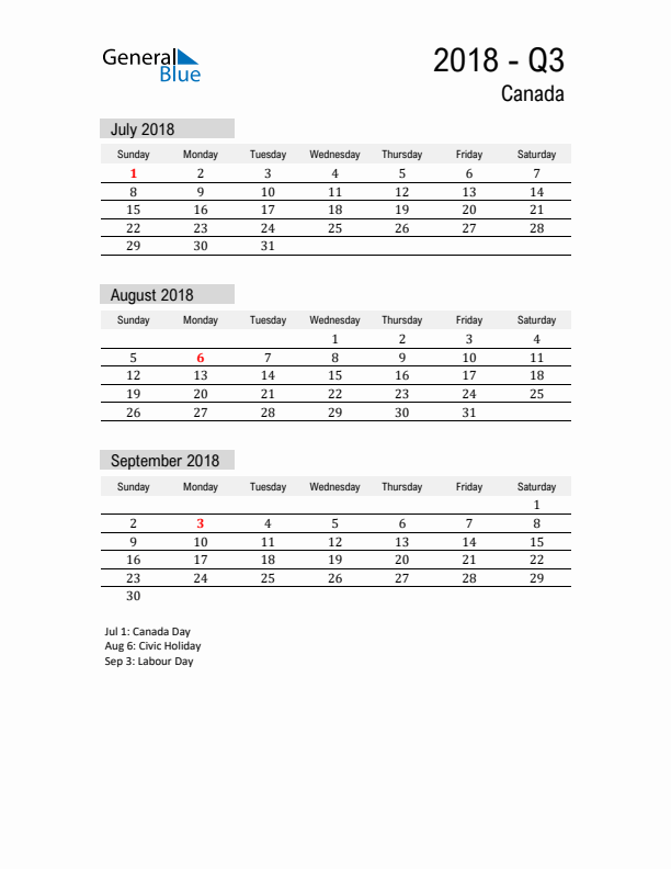 Canada Quarter 3 2018 Calendar with Holidays