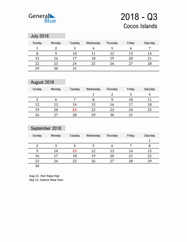 Cocos Islands Quarter 3 2018 Calendar with Holidays