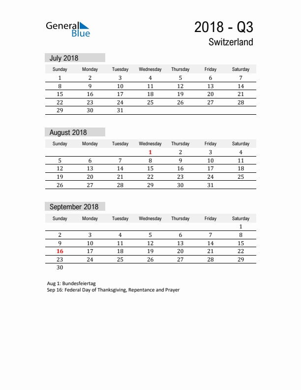 Switzerland Quarter 3 2018 Calendar with Holidays