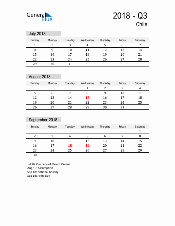 Chile Quarter 3 2018 Calendar with Holidays