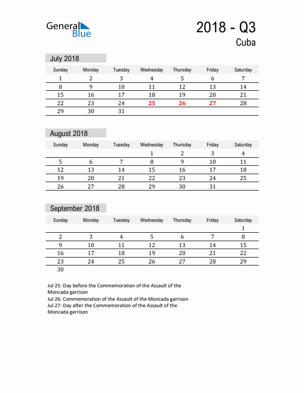 Cuba Quarter 3 2018 Calendar with Holidays