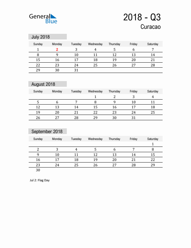 Curacao Quarter 3 2018 Calendar with Holidays