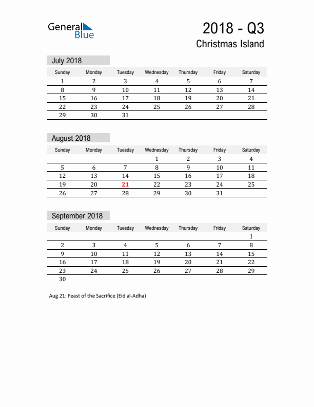 Christmas Island Quarter 3 2018 Calendar with Holidays