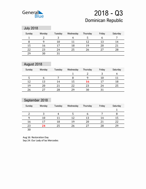 Dominican Republic Quarter 3 2018 Calendar with Holidays