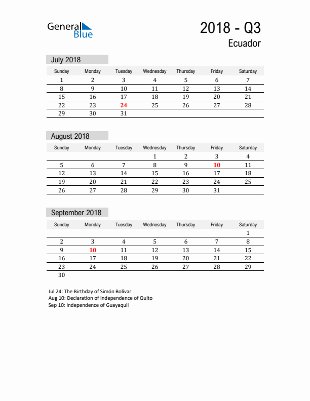 Ecuador Quarter 3 2018 Calendar with Holidays