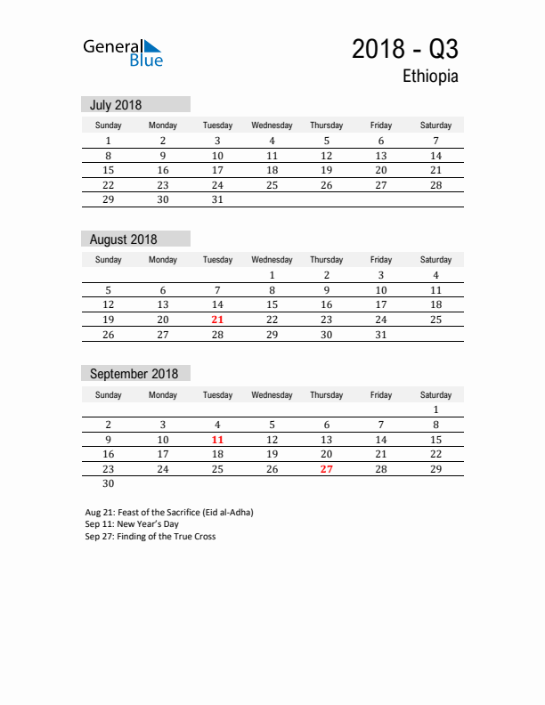 Ethiopia Quarter 3 2018 Calendar with Holidays