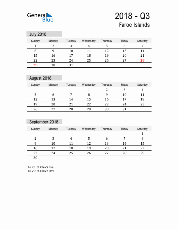 Faroe Islands Quarter 3 2018 Calendar with Holidays